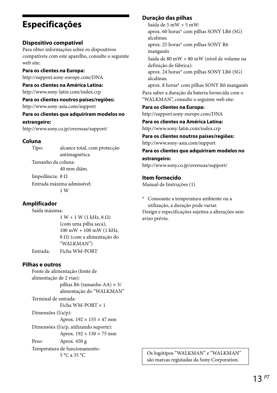 Especificações | Sony RDP-NWR100 User Manual | Page 85 / 156
