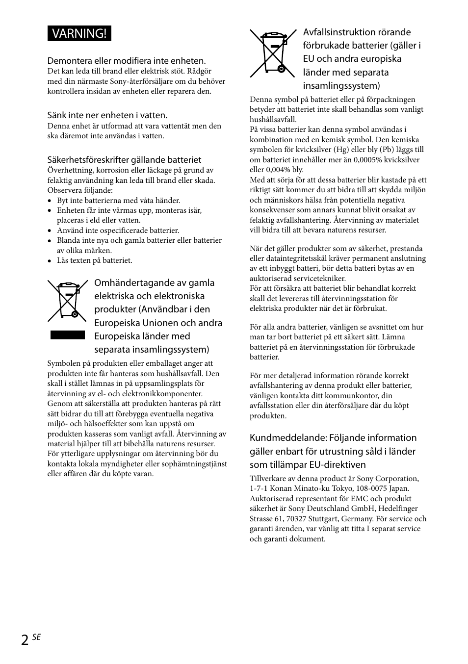 Varning | Sony RDP-NWR100 User Manual | Page 86 / 156