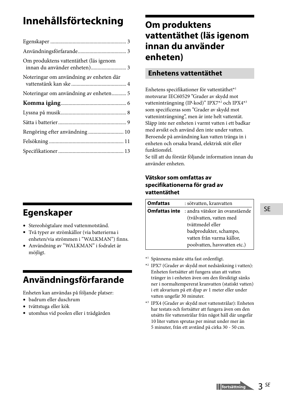 Egenskaper, Användningsförfarande, Innehållsförteckning | Enhetens vattentäthet | Sony RDP-NWR100 User Manual | Page 87 / 156