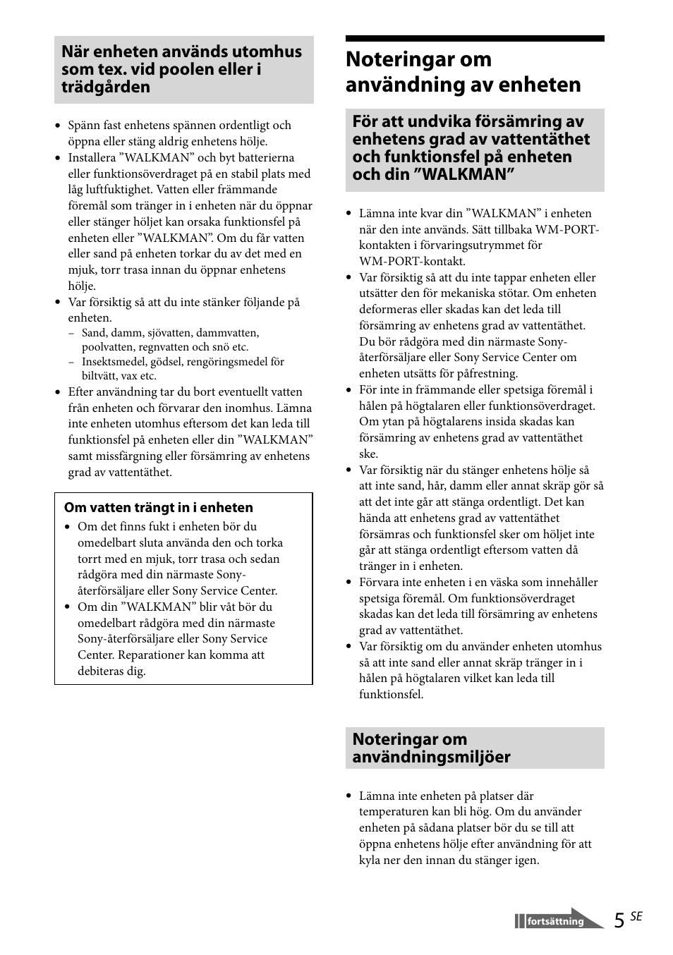 Noteringar om användning av enheten | Sony RDP-NWR100 User Manual | Page 89 / 156