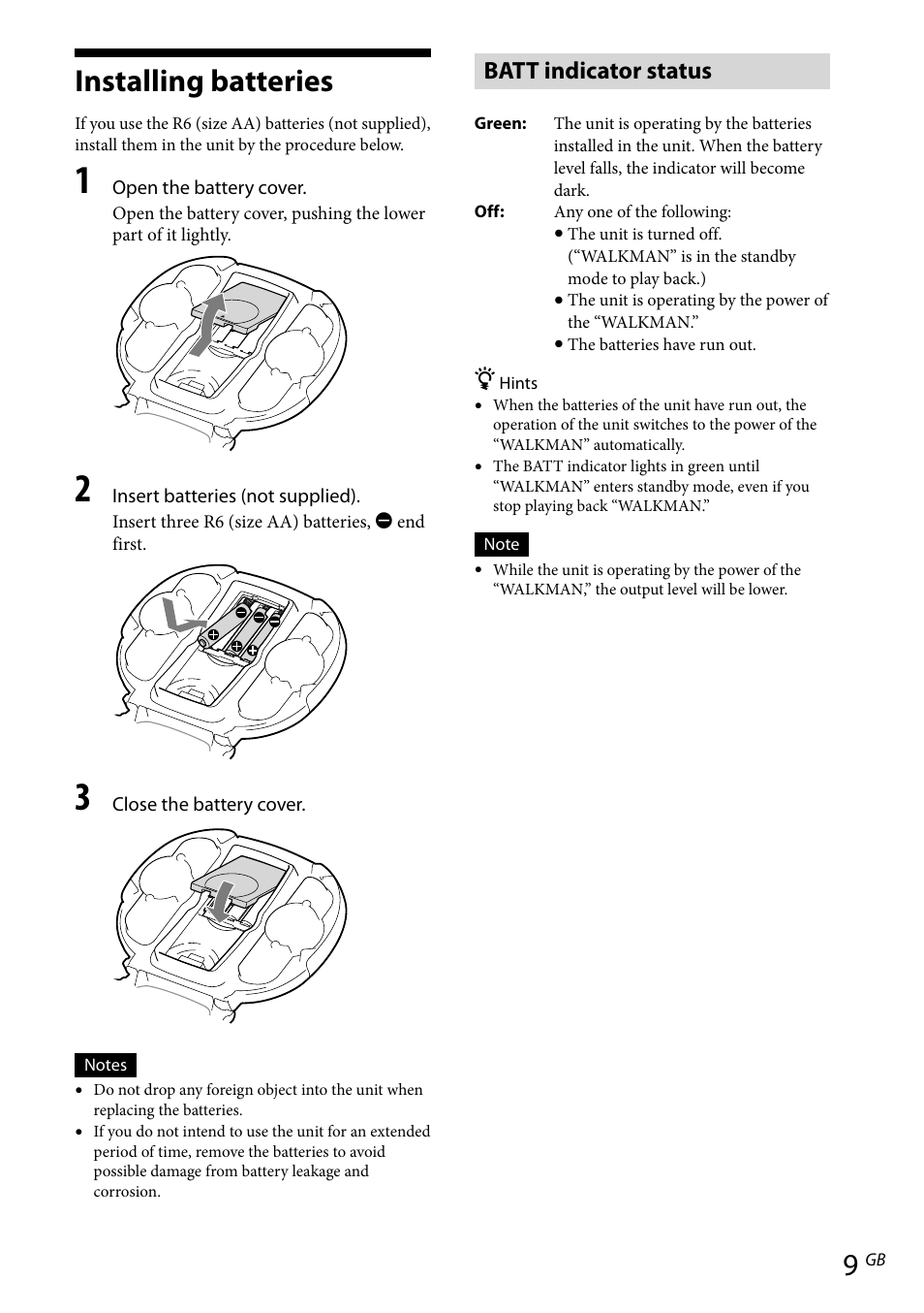 Installing batteries, Batt indicator status | Sony RDP-NWR100 User Manual | Page 9 / 156