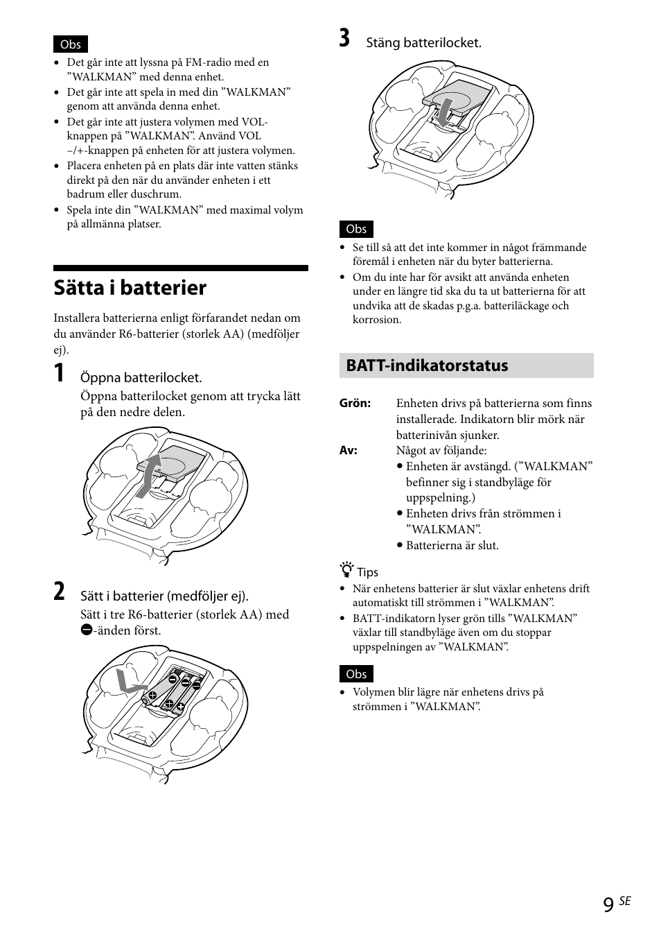 Sätta i batterier, Batt-indikatorstatus | Sony RDP-NWR100 User Manual | Page 93 / 156