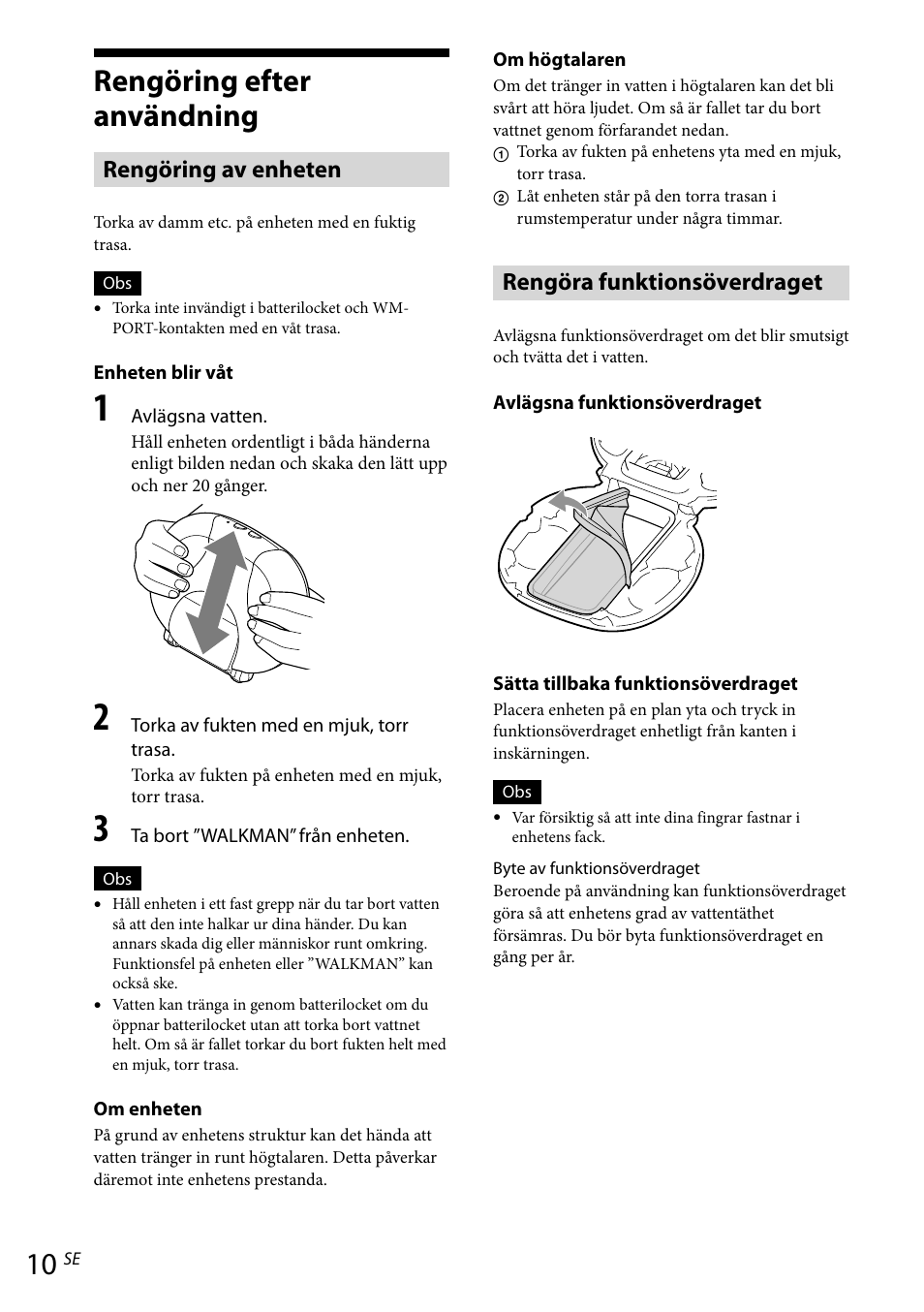 Rengöring efter användning, Rengöring av enheten, Rengöra funktionsöverdraget | Sony RDP-NWR100 User Manual | Page 94 / 156