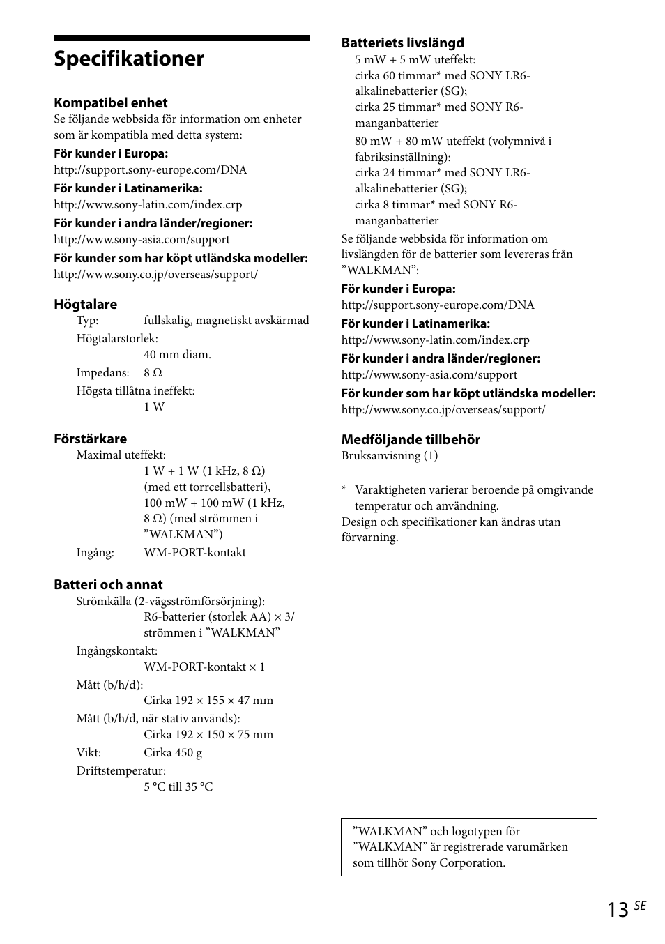 Specifikationer | Sony RDP-NWR100 User Manual | Page 97 / 156