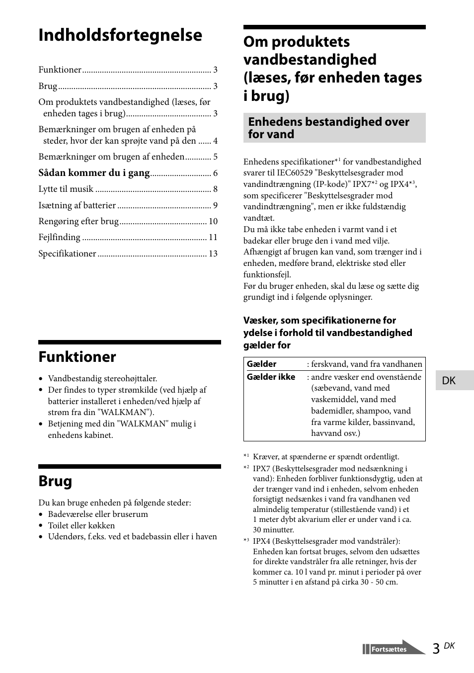 Funktioner, Brug, Indholdsfortegnelse | Enhedens bestandighed over for vand | Sony RDP-NWR100 User Manual | Page 99 / 156