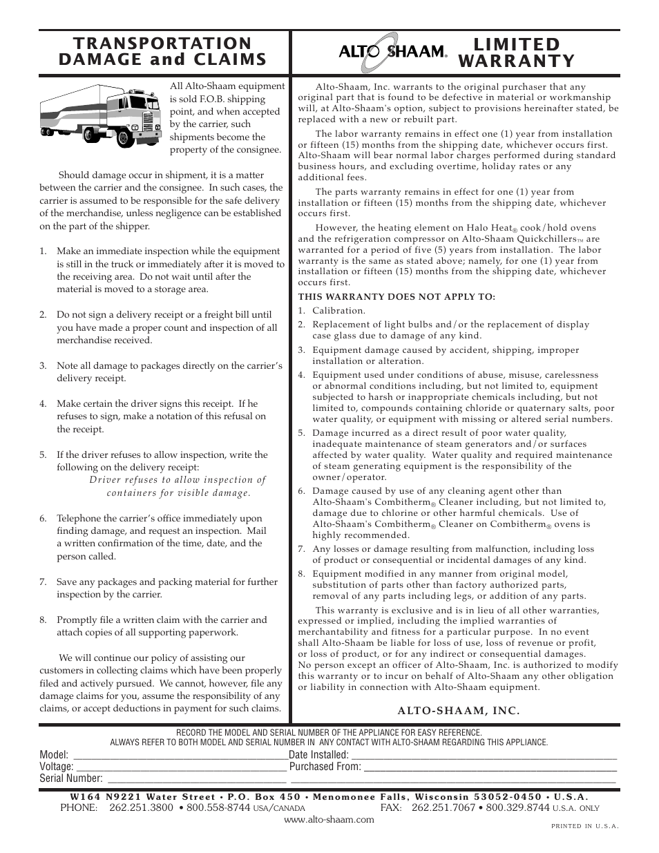 Limited warranty, Transportation damage and claims | Alto-Shaam Hot Carving Shelf 100-HSL/BCS-2S User Manual | Page 19 / 19