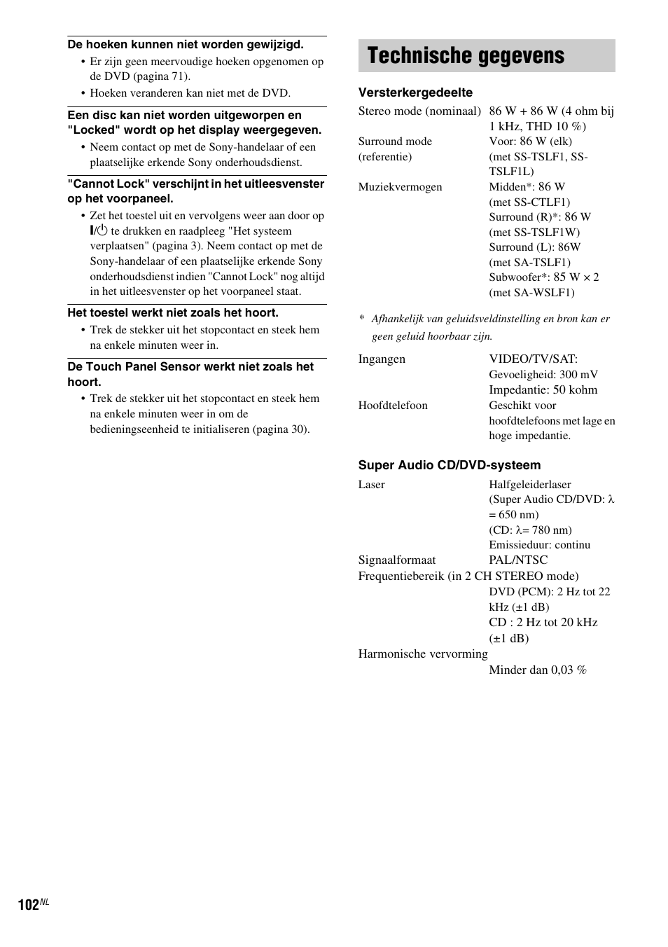 Technische gegevens | Sony DAV-LF1 User Manual | Page 102 / 488