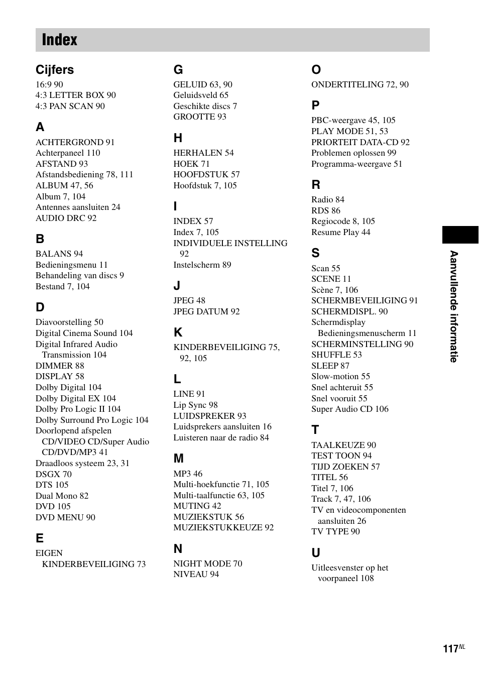 Index, Cijfers | Sony DAV-LF1 User Manual | Page 117 / 488