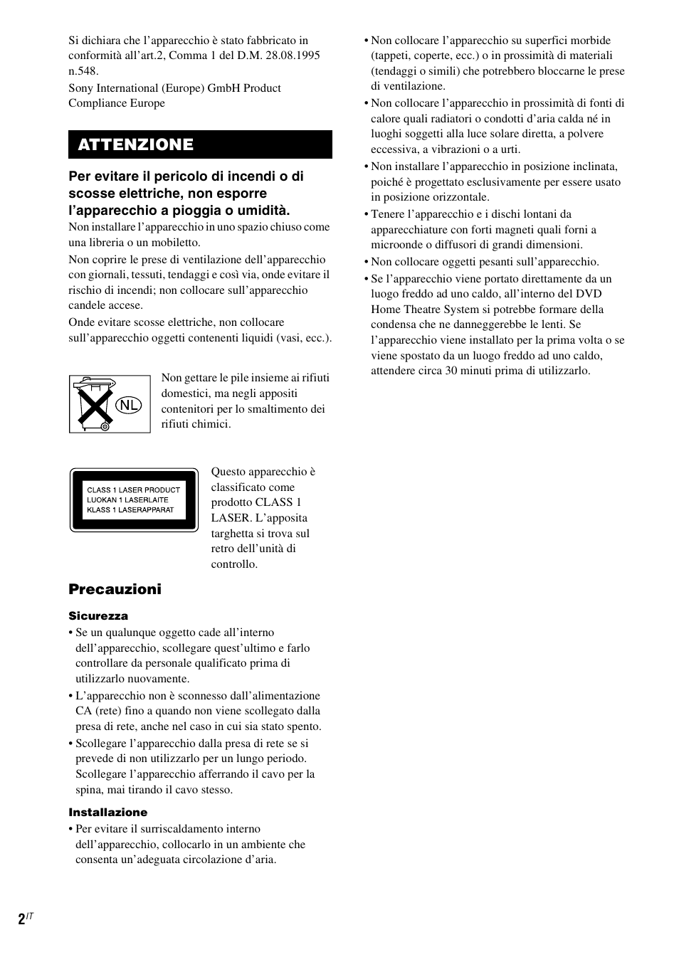 Attenzione, Precauzioni | Sony DAV-LF1 User Manual | Page 122 / 488