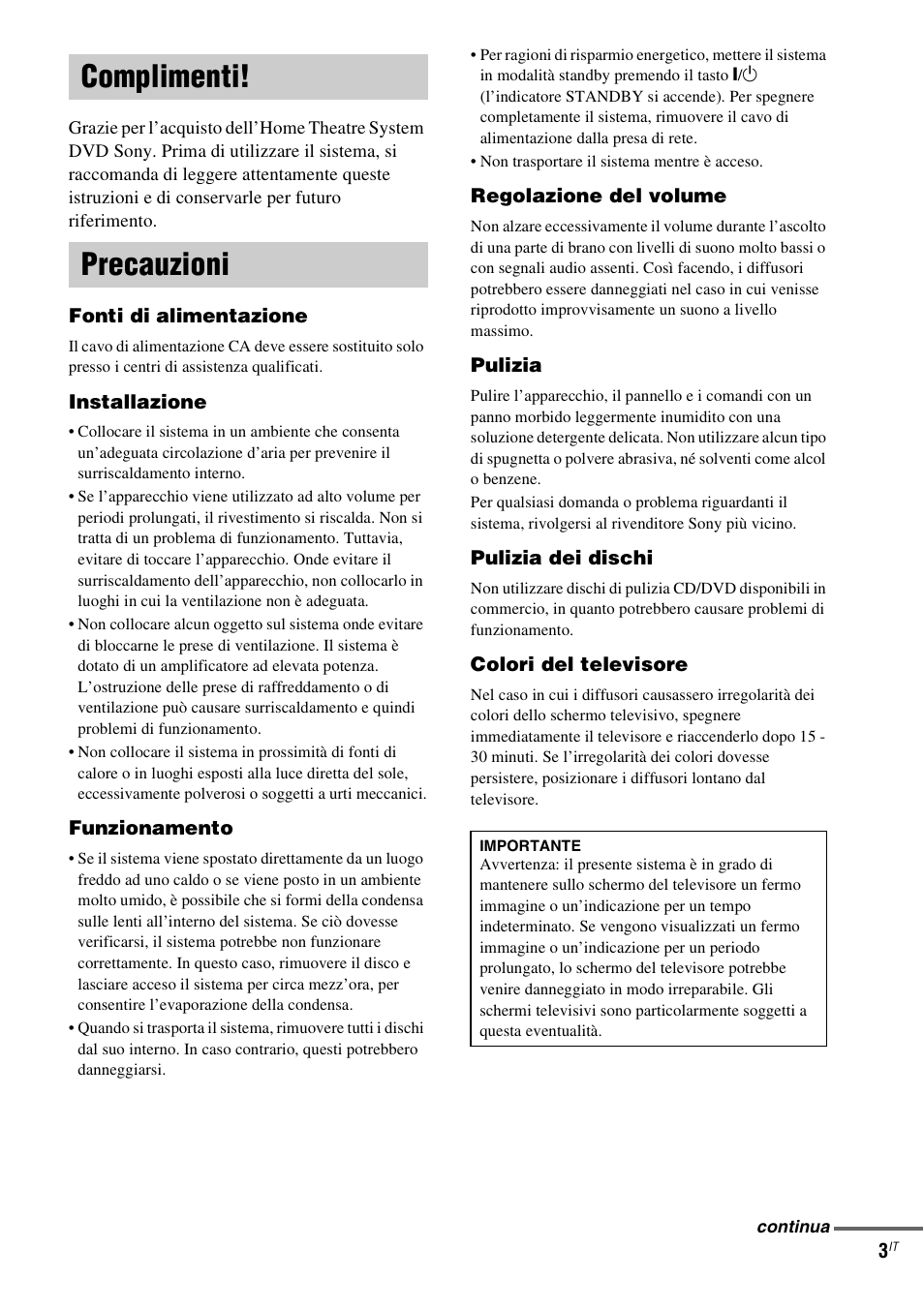 Complimenti, Precauzioni, Complimenti! precauzioni | Sony DAV-LF1 User Manual | Page 123 / 488