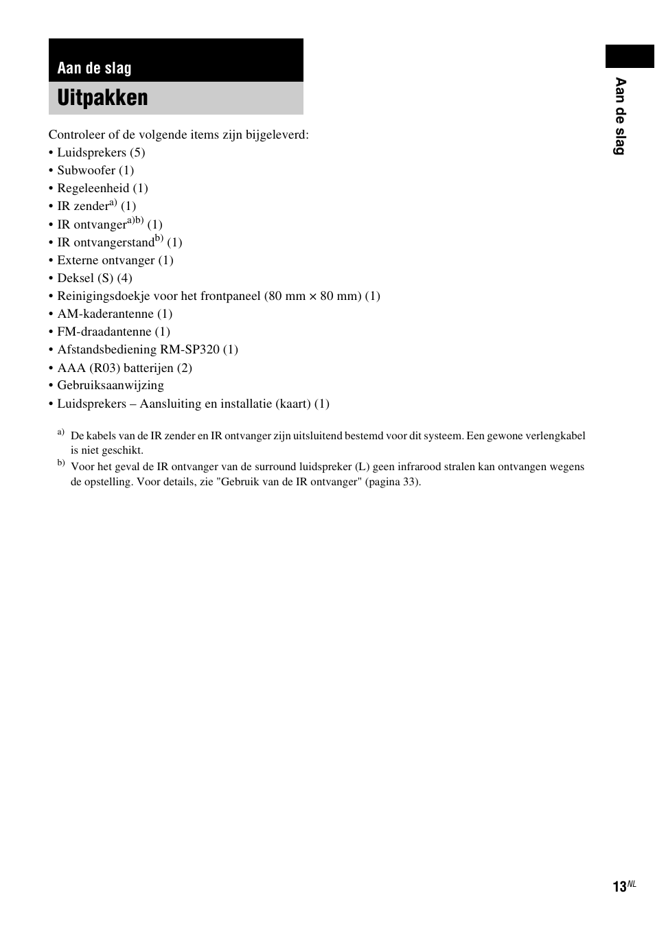 Aan de slag, Uitpakken | Sony DAV-LF1 User Manual | Page 13 / 488