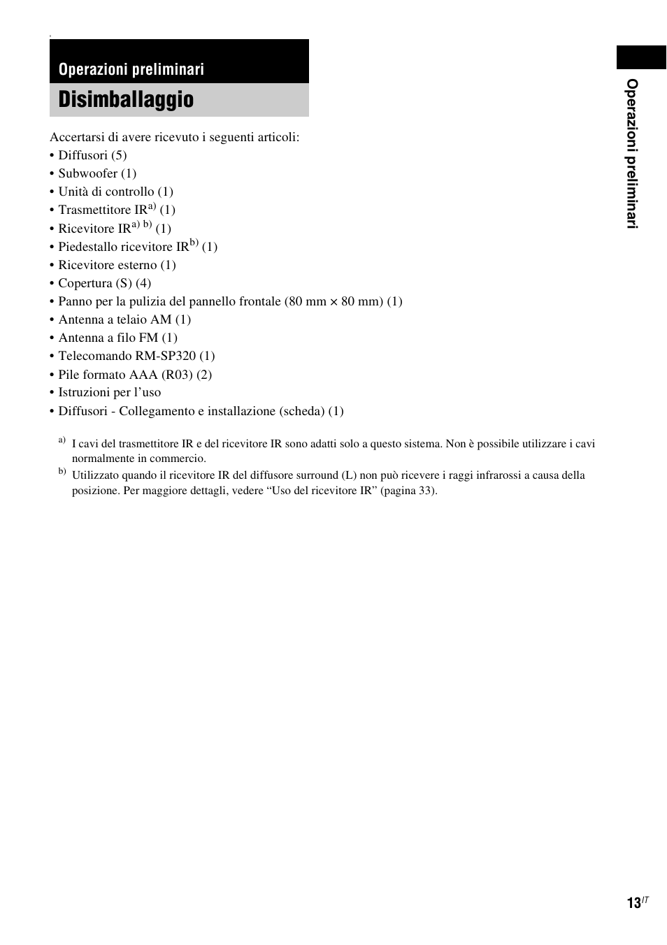 Operazioni preliminari, Disimballaggio | Sony DAV-LF1 User Manual | Page 133 / 488