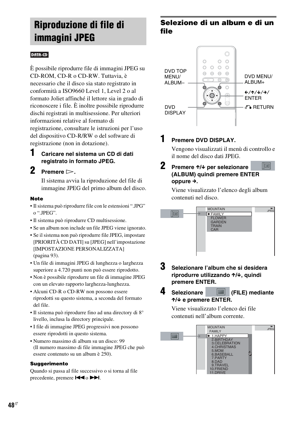 Riproduzione di file di immagini jpeg, Riproduzione di file di, Immagini jpeg | Selezione di un album e di un file | Sony DAV-LF1 User Manual | Page 168 / 488
