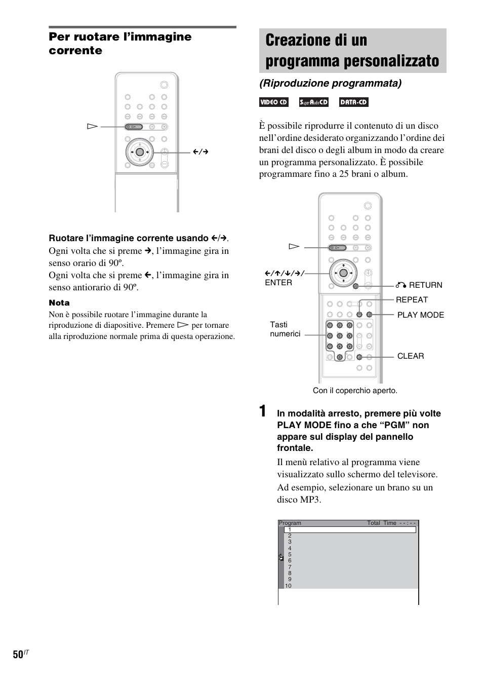 Creazione di un programma personalizzato, Riproduzione programmata), Creazione di un programma | Personalizzato (riproduzione programmata), Per ruotare l’immagine corrente | Sony DAV-LF1 User Manual | Page 170 / 488