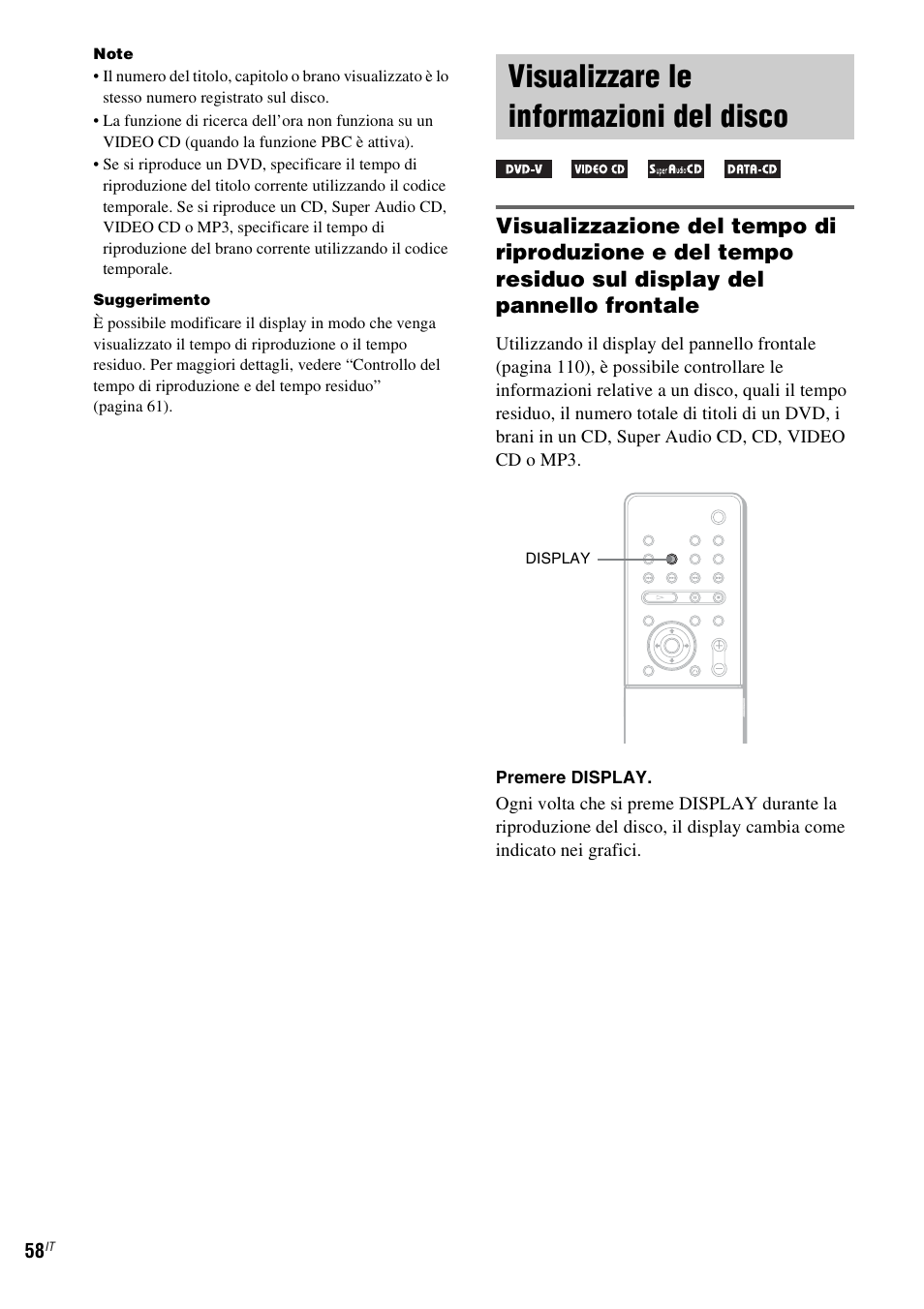 Visualizzare le informazioni del disco, Visualizzare le informazioni, Del disco | Sony DAV-LF1 User Manual | Page 178 / 488