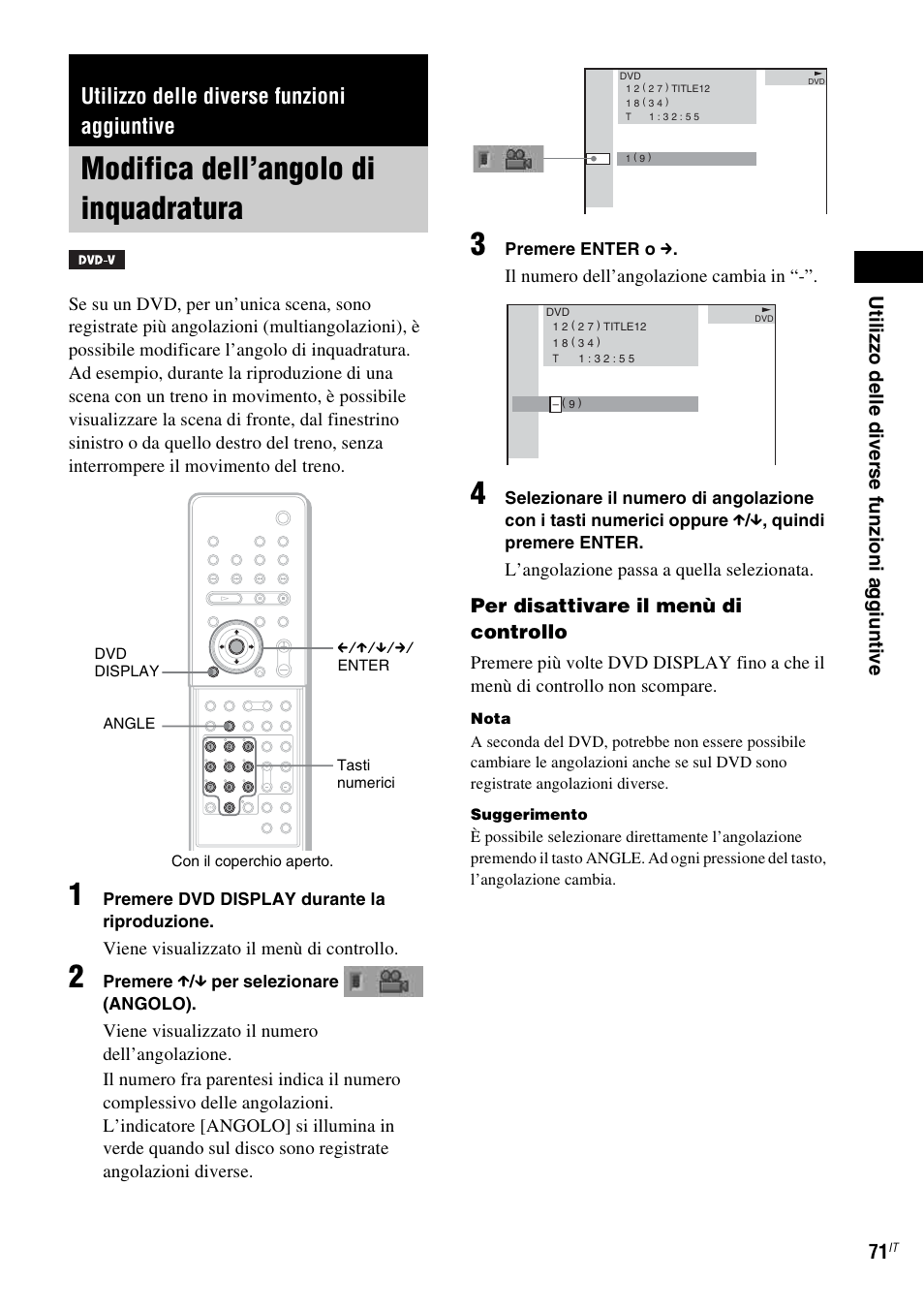 Utilizzo delle diverse funzioni aggiuntive, Modifica dell’angolo di inquadratura, Modifica dell’angolo | Di inquadratura | Sony DAV-LF1 User Manual | Page 191 / 488