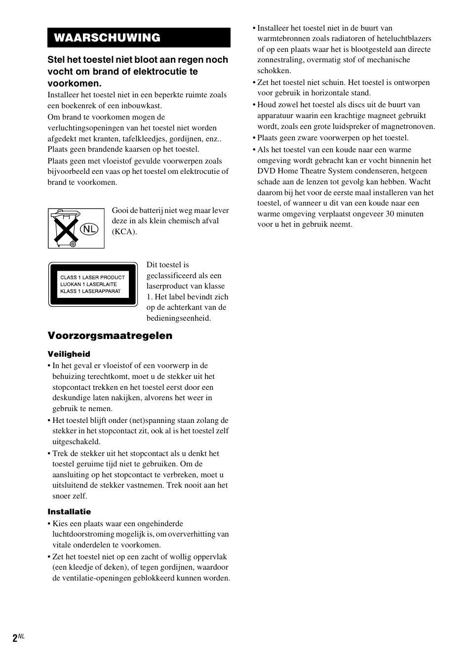 Waarschuwing, Voorzorgsmaatregelen | Sony DAV-LF1 User Manual | Page 2 / 488
