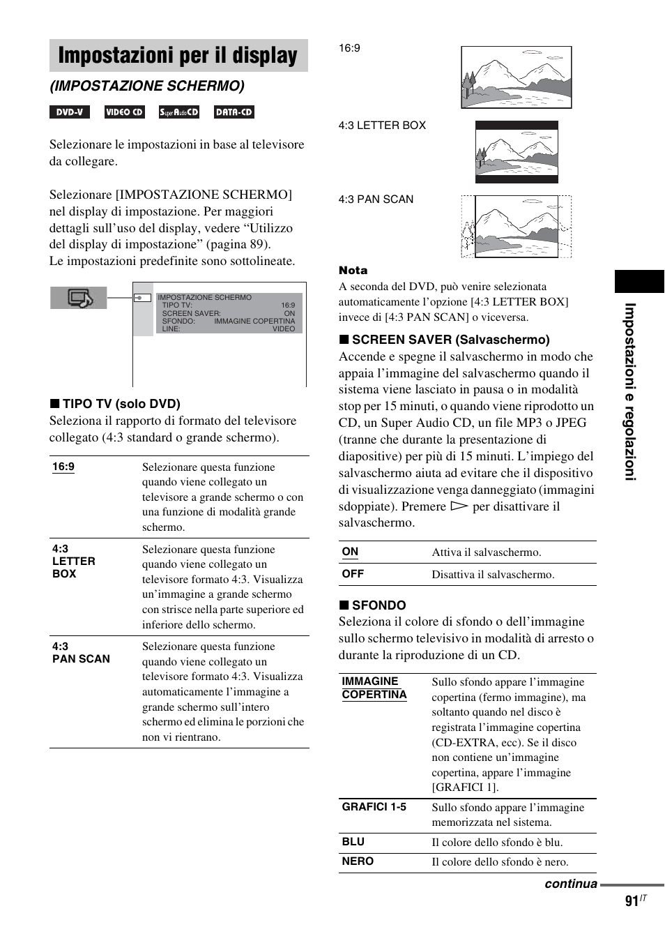 Impostazioni per il display, Impostazione schermo), Im pos taz ioni e re gola z ion i 91 | Sony DAV-LF1 User Manual | Page 211 / 488