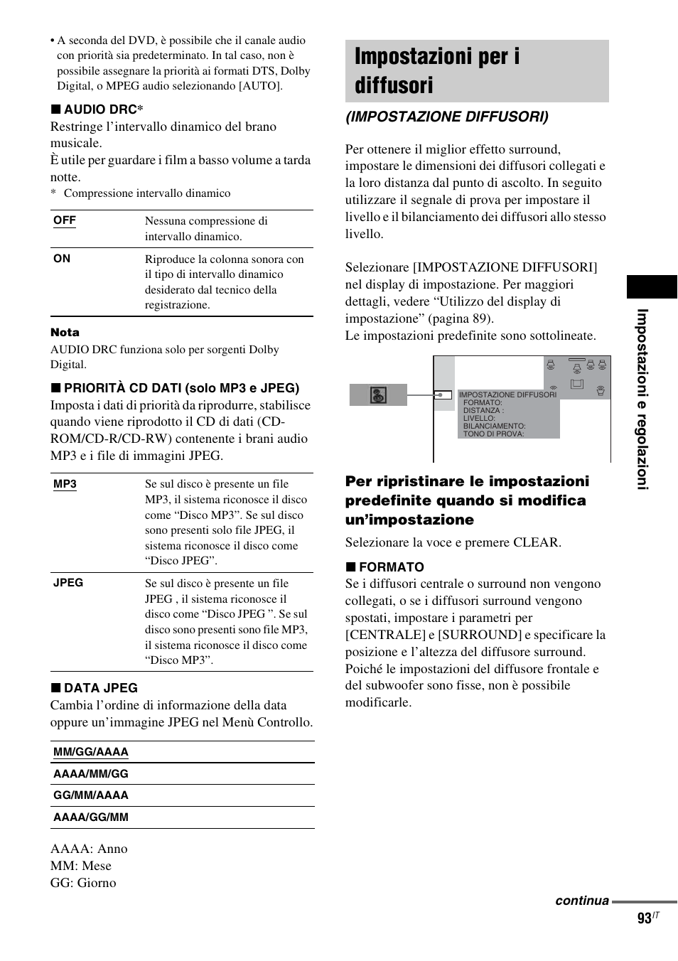 Impostazioni per i diffusori, Impostazione diffusori) | Sony DAV-LF1 User Manual | Page 213 / 488