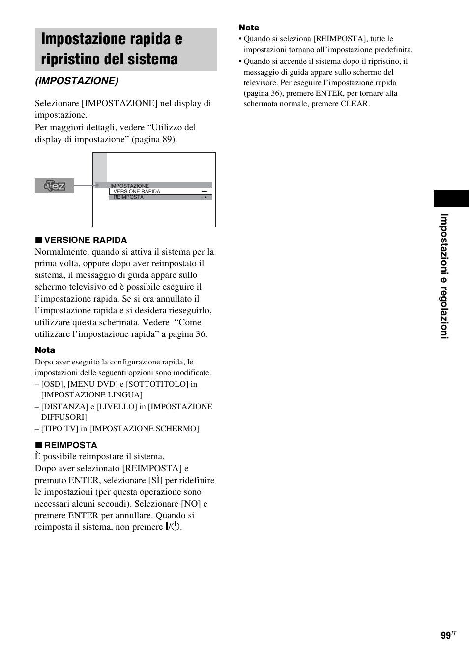 Impostazione rapida e ripristino del sistema, Impostazione), Impostazione rapida e ripristino del | Sistema (impostazione) | Sony DAV-LF1 User Manual | Page 219 / 488