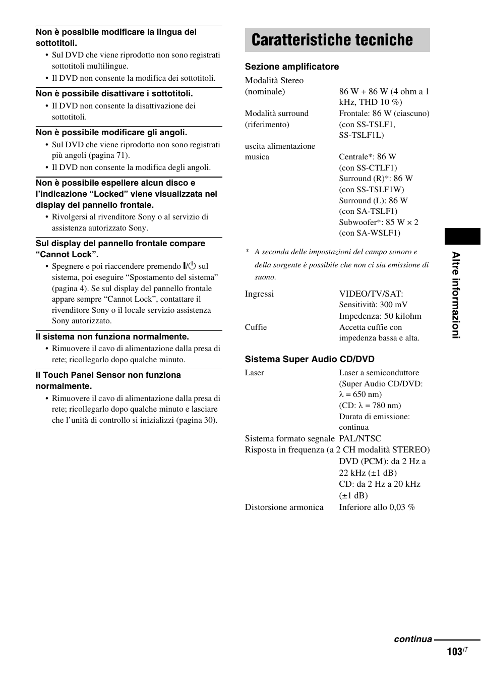 Caratteristiche tecniche | Sony DAV-LF1 User Manual | Page 223 / 488