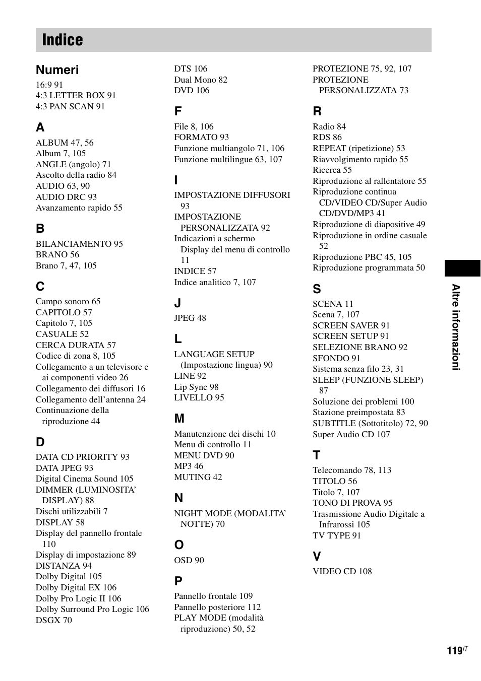 Indice, Numeri | Sony DAV-LF1 User Manual | Page 239 / 488