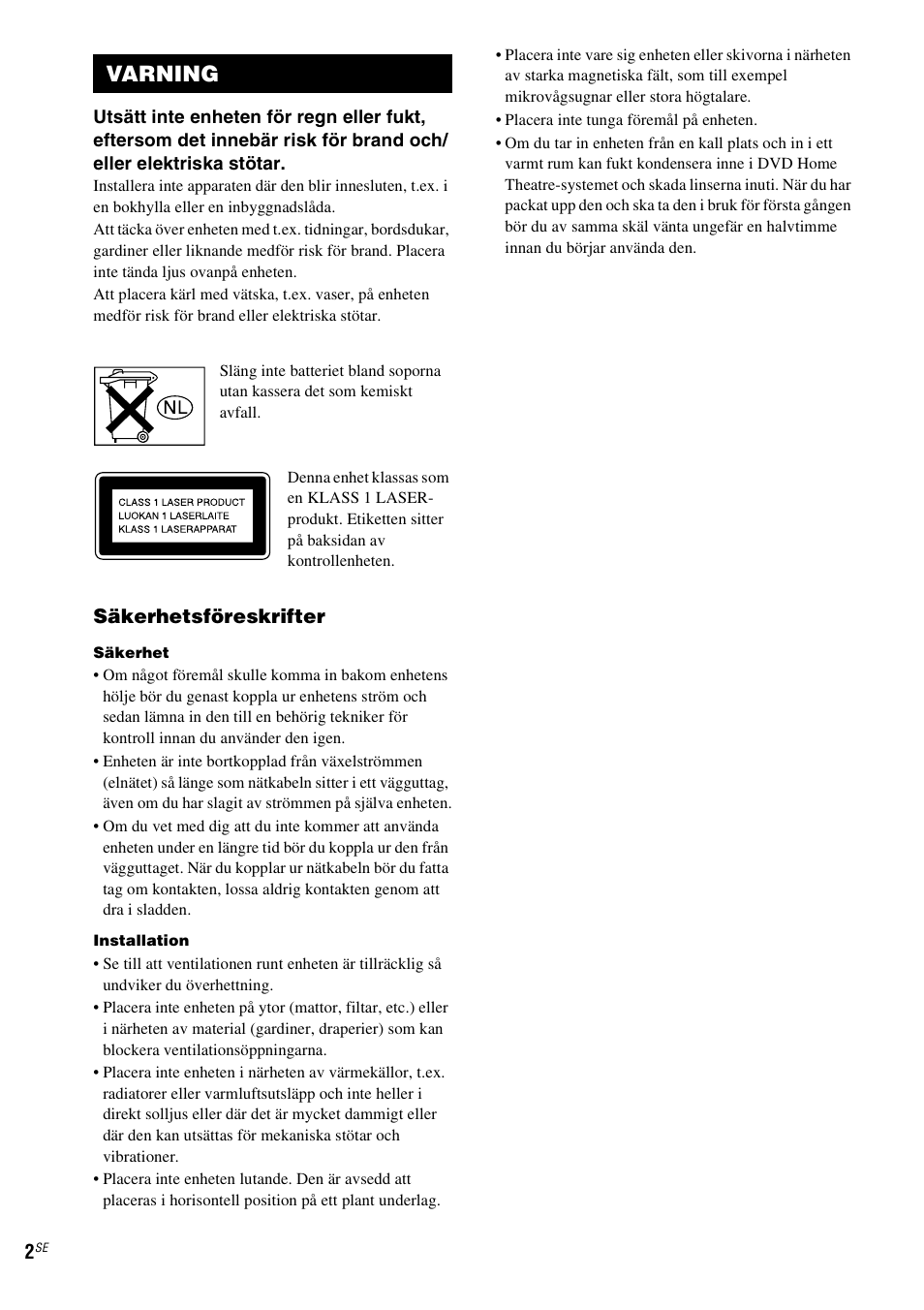 Varning, Säkerhetsföreskrifter | Sony DAV-LF1 User Manual | Page 242 / 488