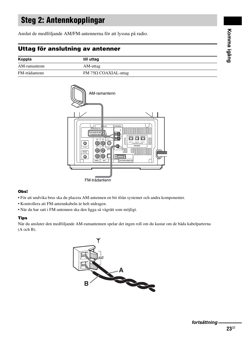 Steg 2: antennkopplingar, Uttag för anslutning av antenner, Fortsättning | Tips, Koppla till uttag, Am-ramantenn fm-trådantenn am | Sony DAV-LF1 User Manual | Page 263 / 488