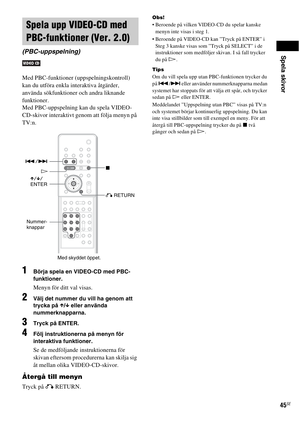 Spela upp video-cd med pbc-funktioner (ver. 2.0), Pbc-uppspelning), Spela upp video-cd med pbc | Funktioner (ver. 2.0) (pbc-uppspelning), Sid. 45 | Sony DAV-LF1 User Manual | Page 285 / 488