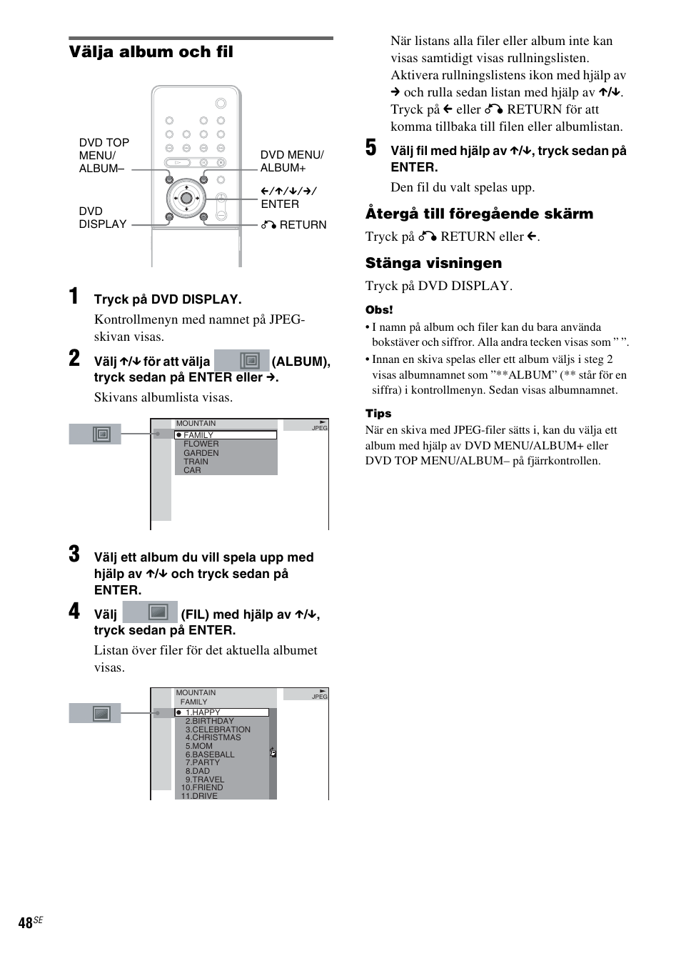 Sid. 48), Välja album och fil, Återgå till föregående skärm | Stänga visningen | Sony DAV-LF1 User Manual | Page 288 / 488
