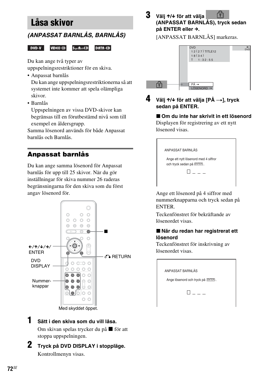 Låsa skivor, Anpassat barnlås, barnlås), Sid. 72) | Anpassat barnlås | Sony DAV-LF1 User Manual | Page 312 / 488