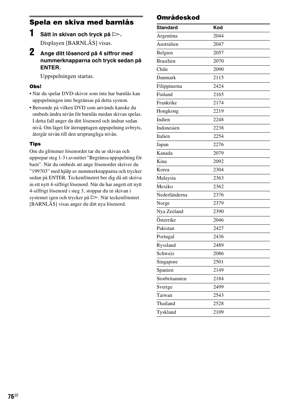 Spela en skiva med barnlås, Områdeskod | Sony DAV-LF1 User Manual | Page 316 / 488