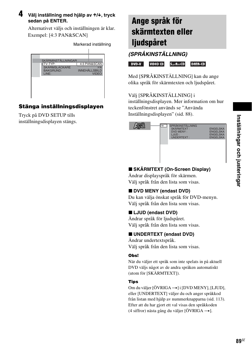 Ange språk för skärmtexten eller ljudspåret, Språkinställning), Ange språk för skärmtexten eller | Ljudspåret (språkinställning) | Sony DAV-LF1 User Manual | Page 329 / 488