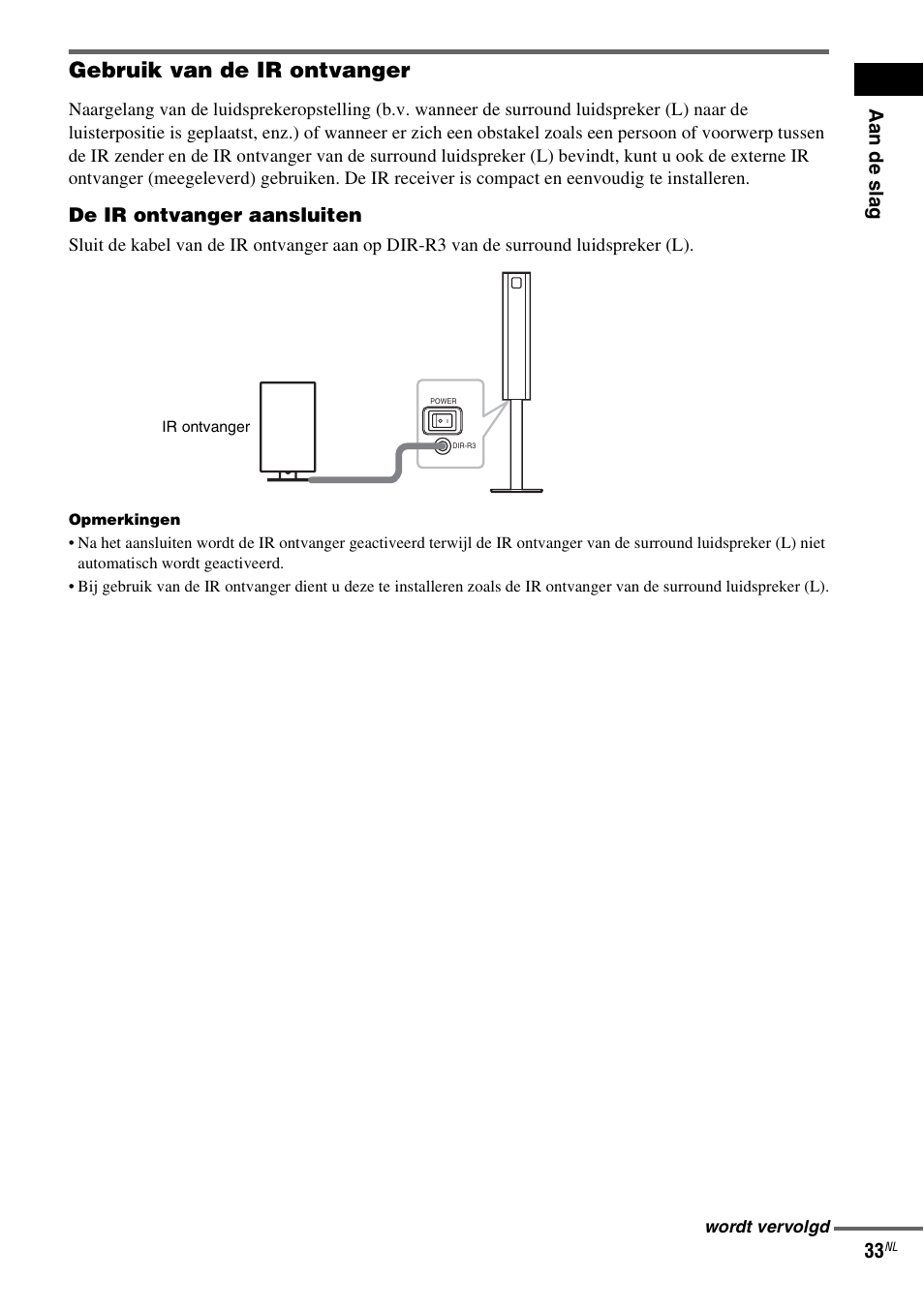 Gebruik van de ir ontvanger, Aa n de sla g 33, De ir ontvanger aansluiten | Sony DAV-LF1 User Manual | Page 33 / 488