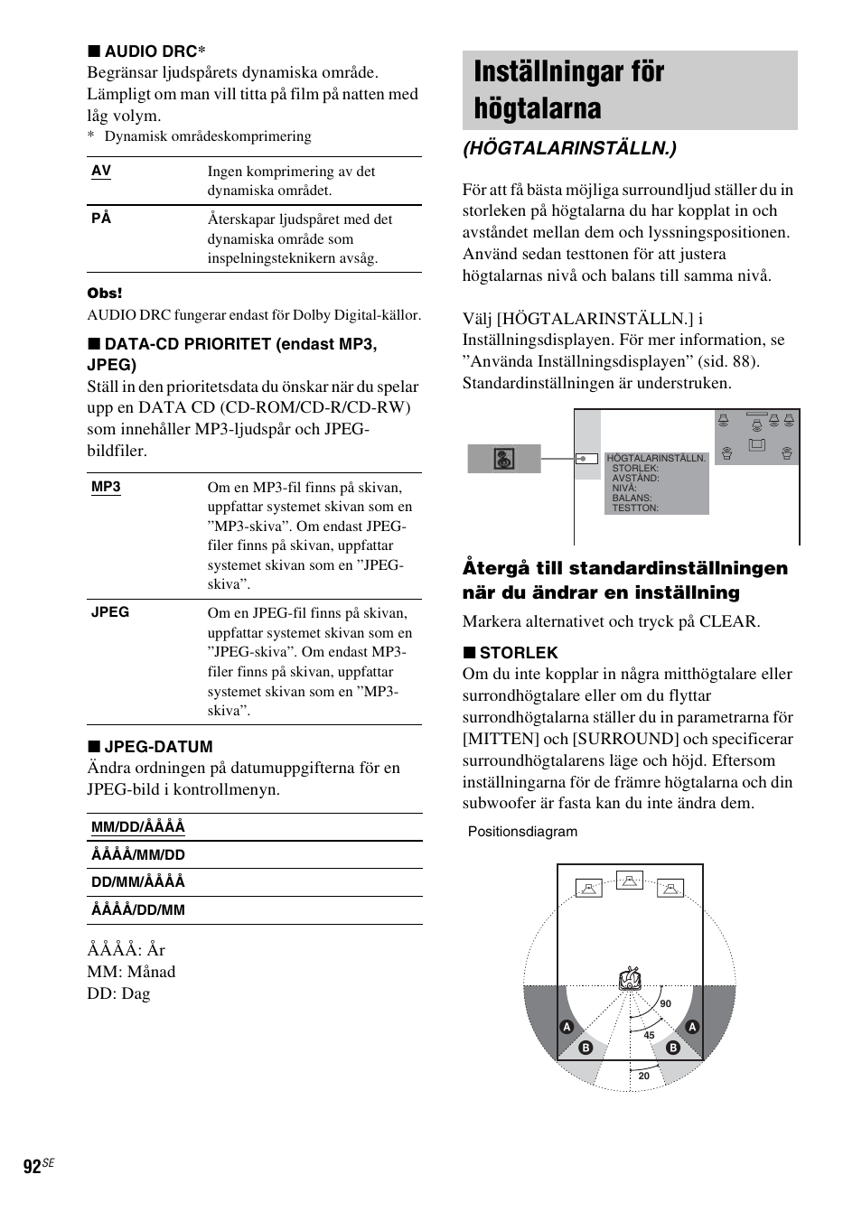 Inställningar för högtalarna, Högtalarinställn.), Sid. 92) | Sony DAV-LF1 User Manual | Page 332 / 488