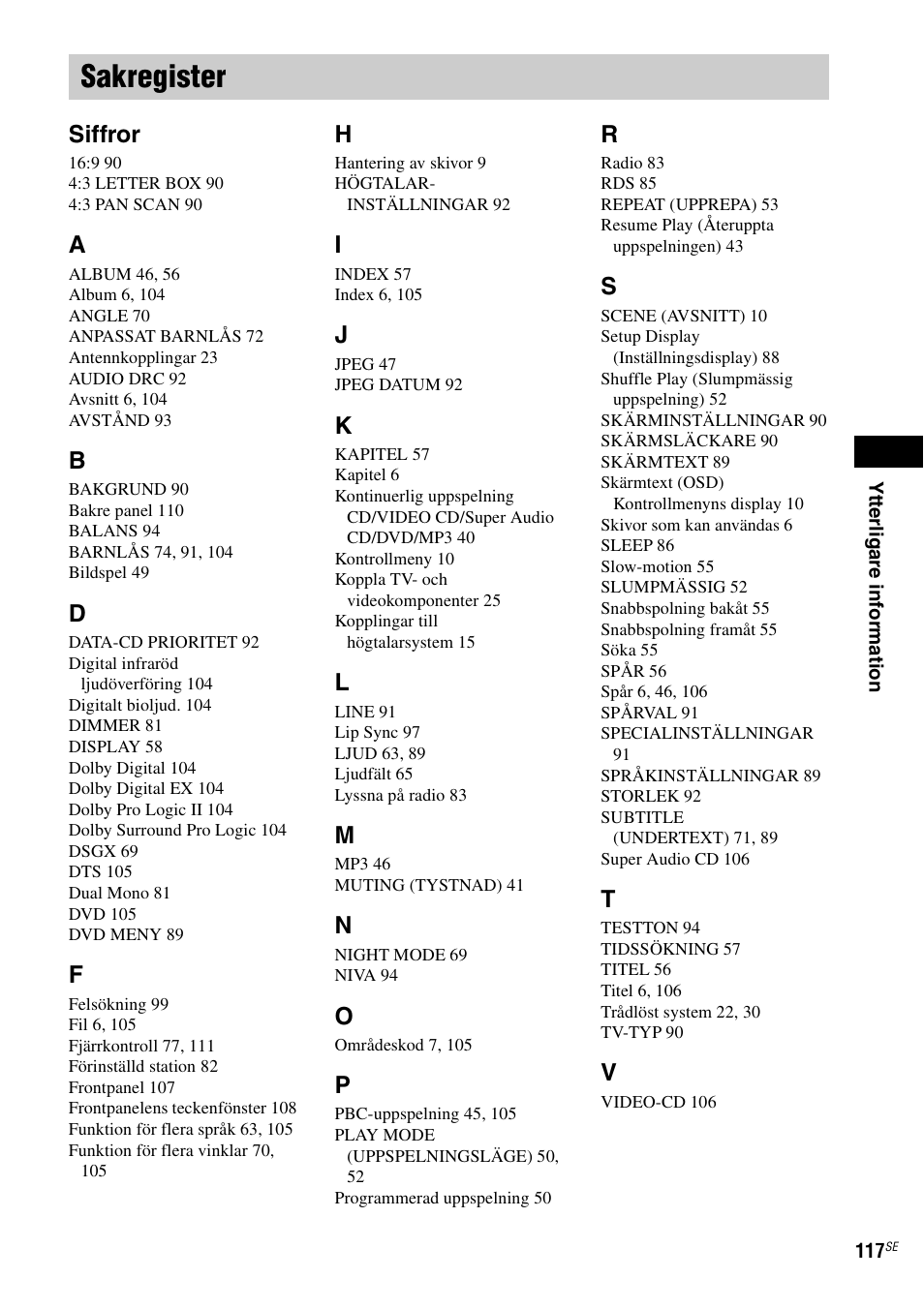 Sakregister, Siffror | Sony DAV-LF1 User Manual | Page 357 / 488