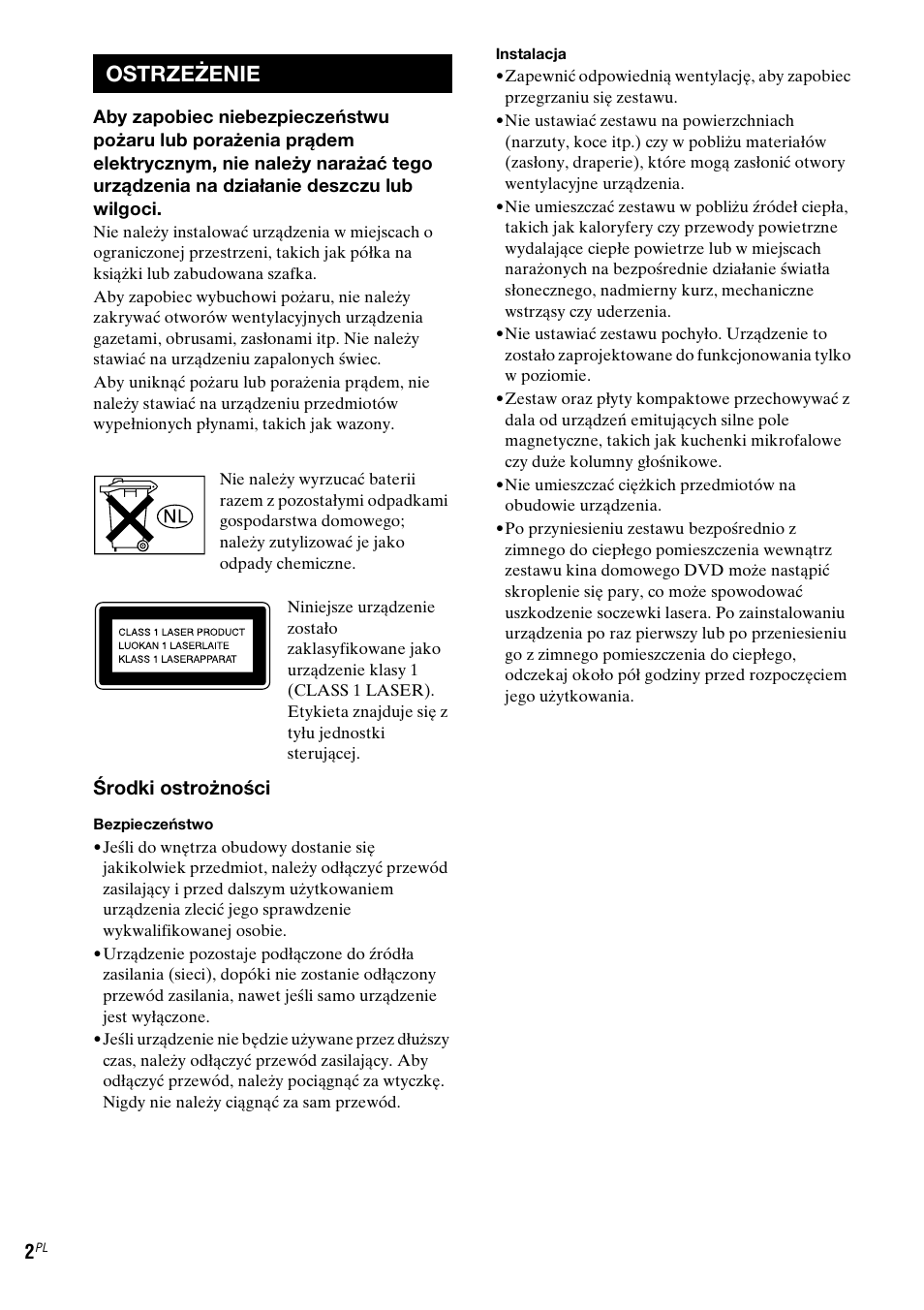 Ostrzeżenie, Środki ostrożności | Sony DAV-LF1 User Manual | Page 360 / 488