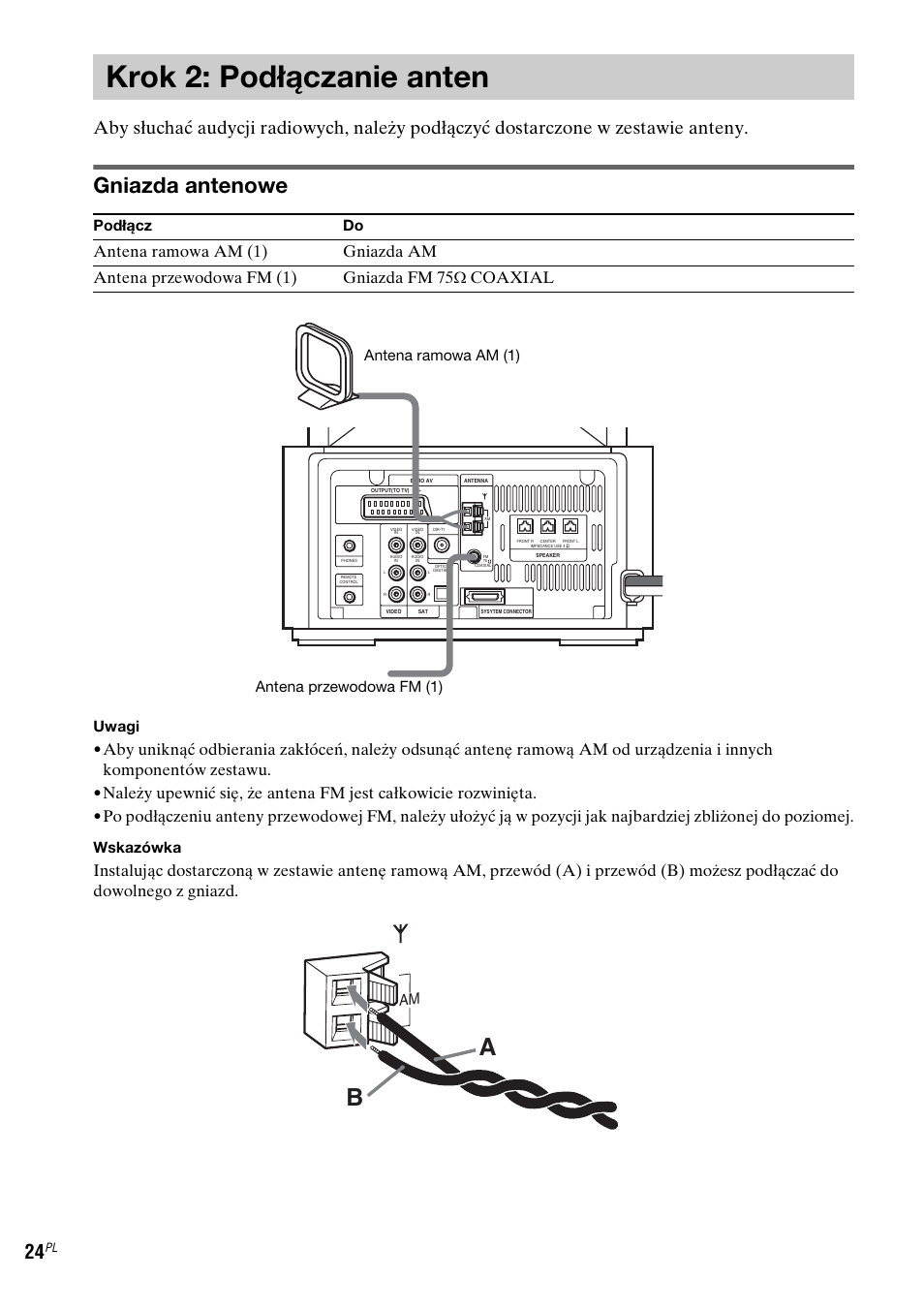 Krok 2: podłączanie anten, Gniazda antenowe, Uwagi | Wskazówka, Podłącz do, Antena ramowa am (1) am, Antena przewodowa fm (1) | Sony DAV-LF1 User Manual | Page 382 / 488