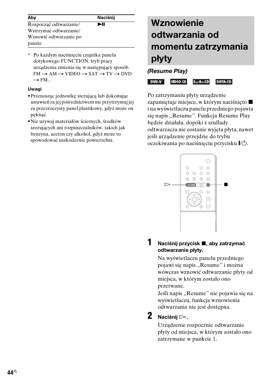 Resume play), Wznowienie odtwarzania od momentu, Zatrzymania płyty (resume play) | Sony DAV-LF1 User Manual | Page 402 / 488
