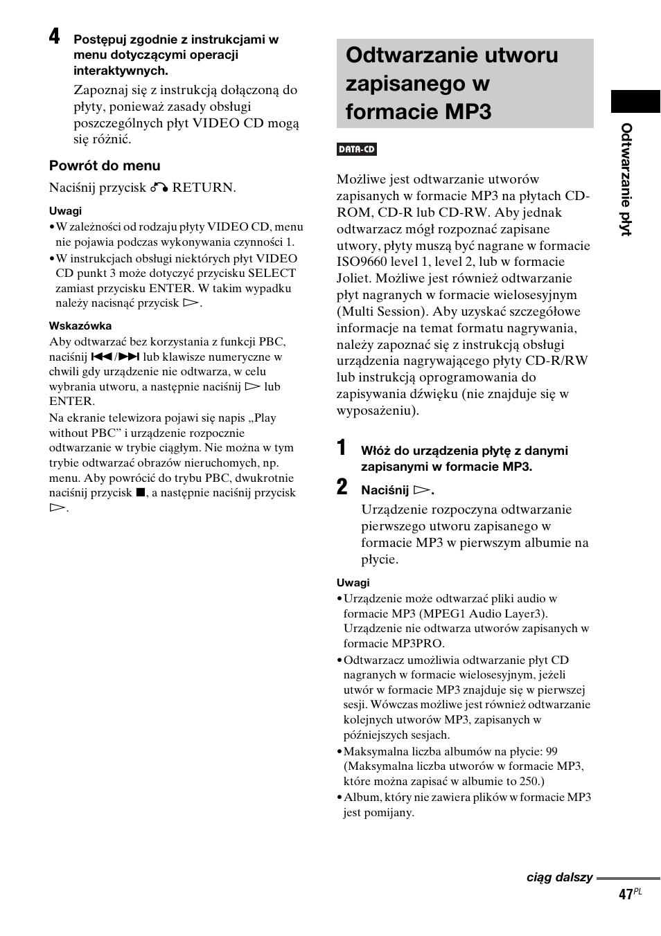 Odtwarzanie utworu zapisanego w formacie mp3, Odtwarzanie utworu zapisanego w, Formacie mp3 | Sony DAV-LF1 User Manual | Page 405 / 488