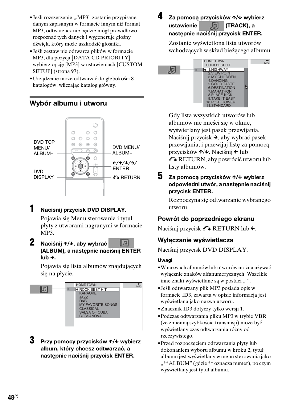 Wybór albumu i utworu, Powrót do poprzedniego ekranu, Wyłączanie wyświetlacza | Sony DAV-LF1 User Manual | Page 406 / 488