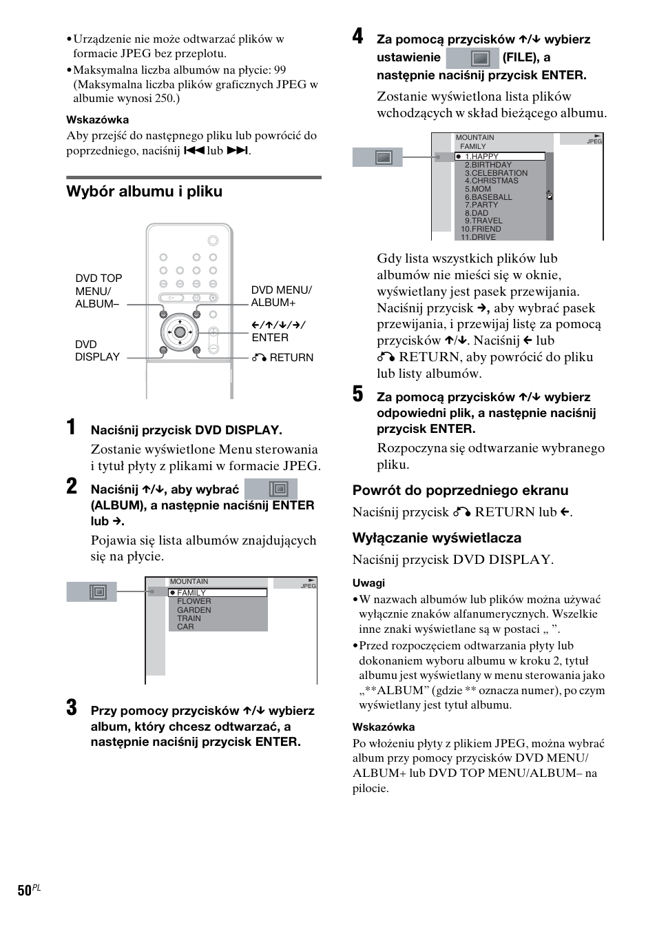 Wybór albumu i pliku, Powrót do poprzedniego ekranu, Wyłączanie wyświetlacza | Sony DAV-LF1 User Manual | Page 408 / 488