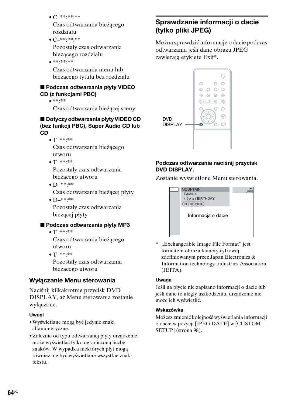 Sprawdzanie informacji o dacie (tylko pliki jpeg) | Sony DAV-LF1 User Manual | Page 422 / 488