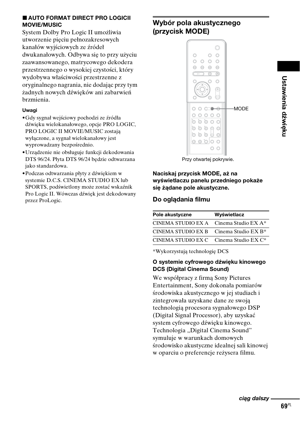 Wybór pola akustycznego (przycisk mode) | Sony DAV-LF1 User Manual | Page 427 / 488