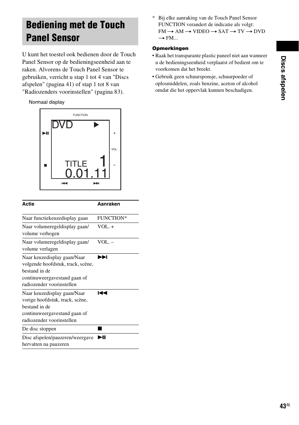 Bediening met de touch panel sensor, Bediening met de touch panel, Sensor | Title | Sony DAV-LF1 User Manual | Page 43 / 488