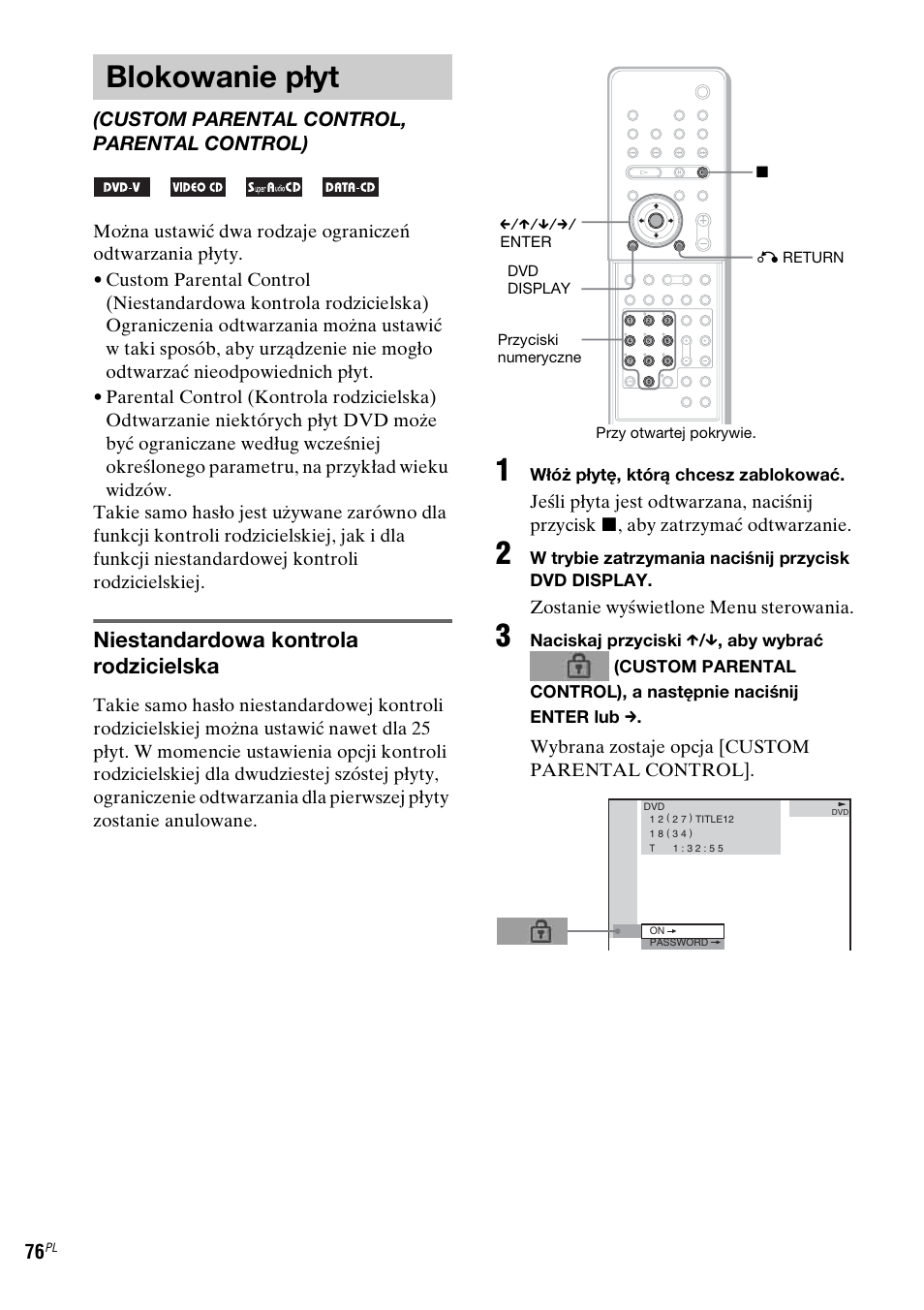 Blokowanie płyt, Custom parental control, parental control), Niestandardowa kontrola rodzicielska | Sony DAV-LF1 User Manual | Page 434 / 488