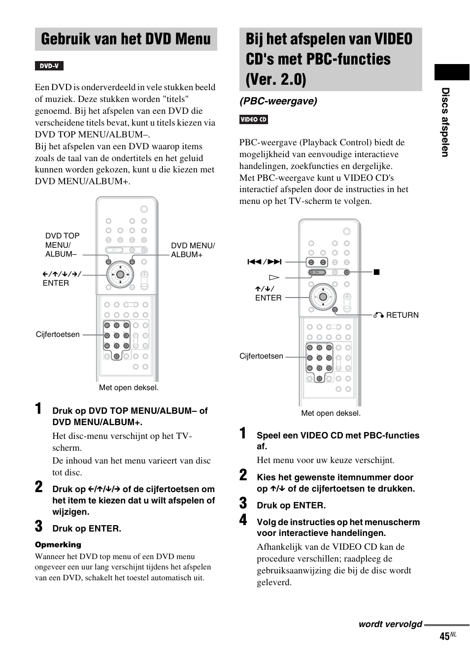 Gebruik van het dvd menu, Pbc-weergave), Pbc-functies (ver. 2.0) (pbc-weergave) | Sony DAV-LF1 User Manual | Page 45 / 488