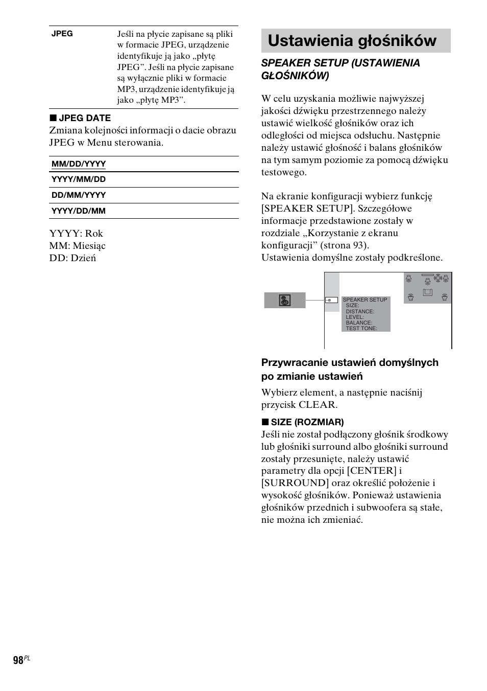Ustawienia głośników, Speaker setup (ustawienia głośników) | Sony DAV-LF1 User Manual | Page 456 / 488