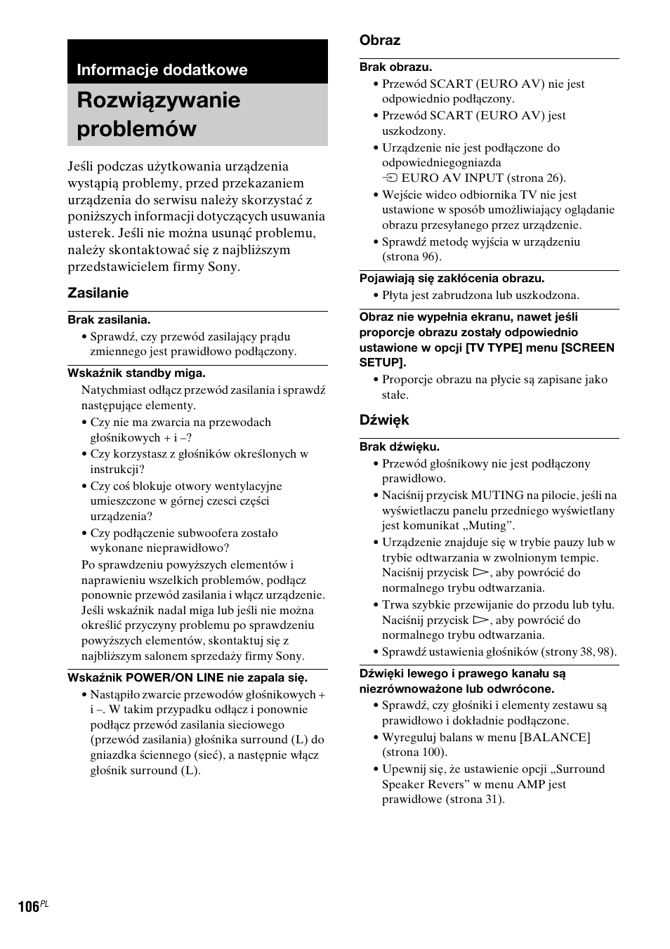 Informacje dodatkowe, Rozwiązywanie problemów | Sony DAV-LF1 User Manual | Page 464 / 488
