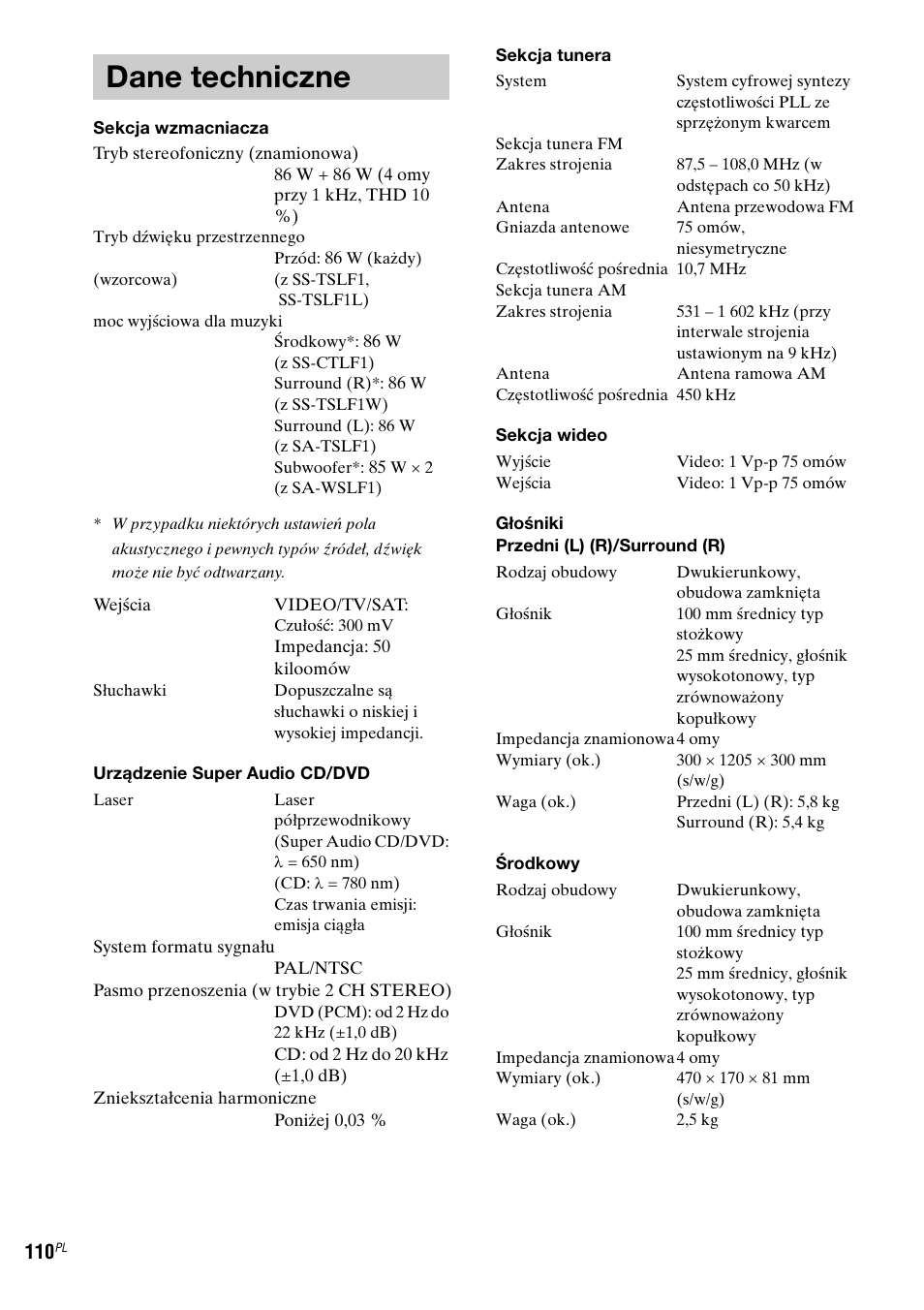 Dane techniczne | Sony DAV-LF1 User Manual | Page 468 / 488